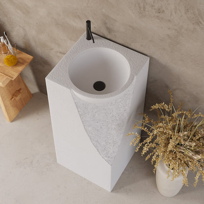 34" Japandi Tall Stone Resin Pedestal Sink with Rounded Basin Freestanding in White