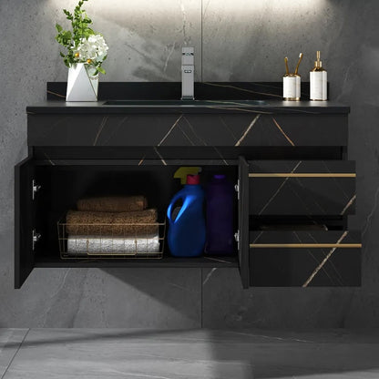 35" Floating Bathroom Vanity Faux Marble with Single Ceramic Sink Black