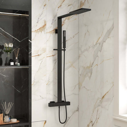 Exposed Thermostatic Shower Fixture with Rain Shower Head and Hand Shower Matte Black