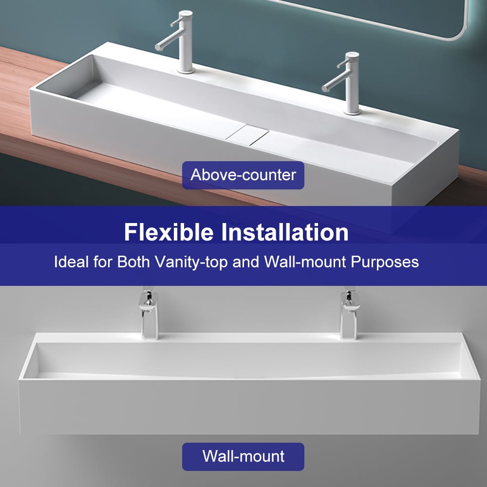 47 Inch Wall-Mount Double Sink Stone Resin Glossy White Floating Trough Bathroom Sink