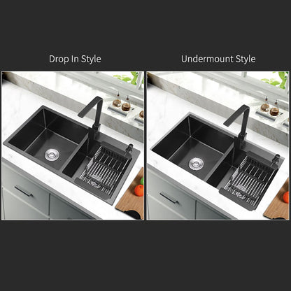 32" Black Stainless Steel Kitchen Sink Double Bowls Drop-In Sink with Drain and Overflow