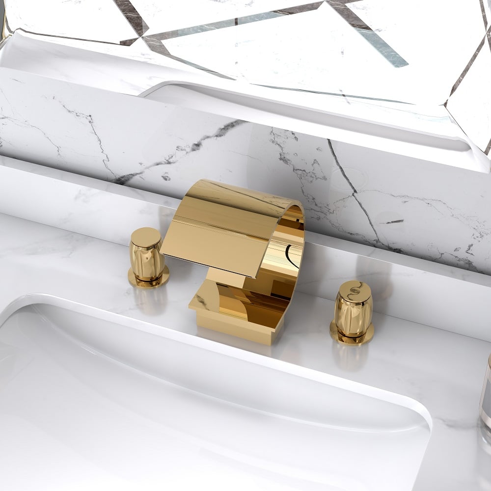 Mooni Modern Waterfall Widespread 2-Handle Bathroom Sink Faucet in Gold Solid Brass