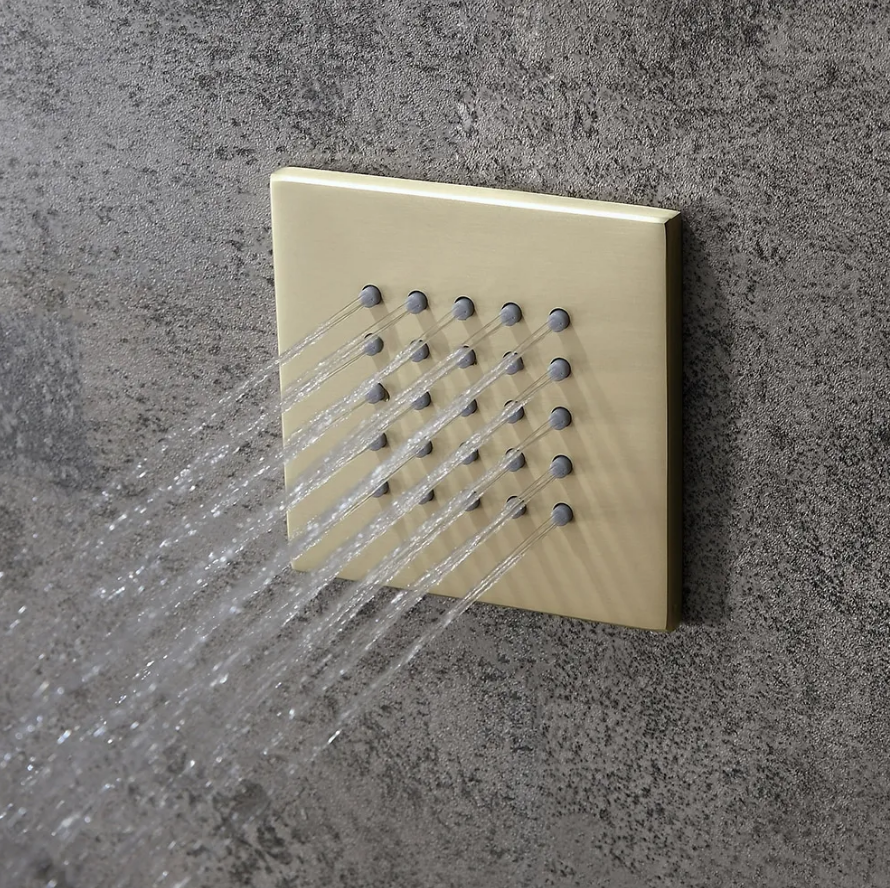 16" Thermostatic Rain Shower System with Hand Shower & 3 Body Jet Sprays in Brushed Gold