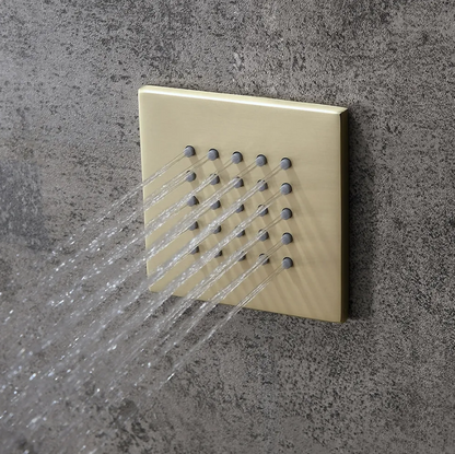 16" Thermostatic Rain Shower System with Hand Shower & 3 Body Jet Sprays in Brushed Gold