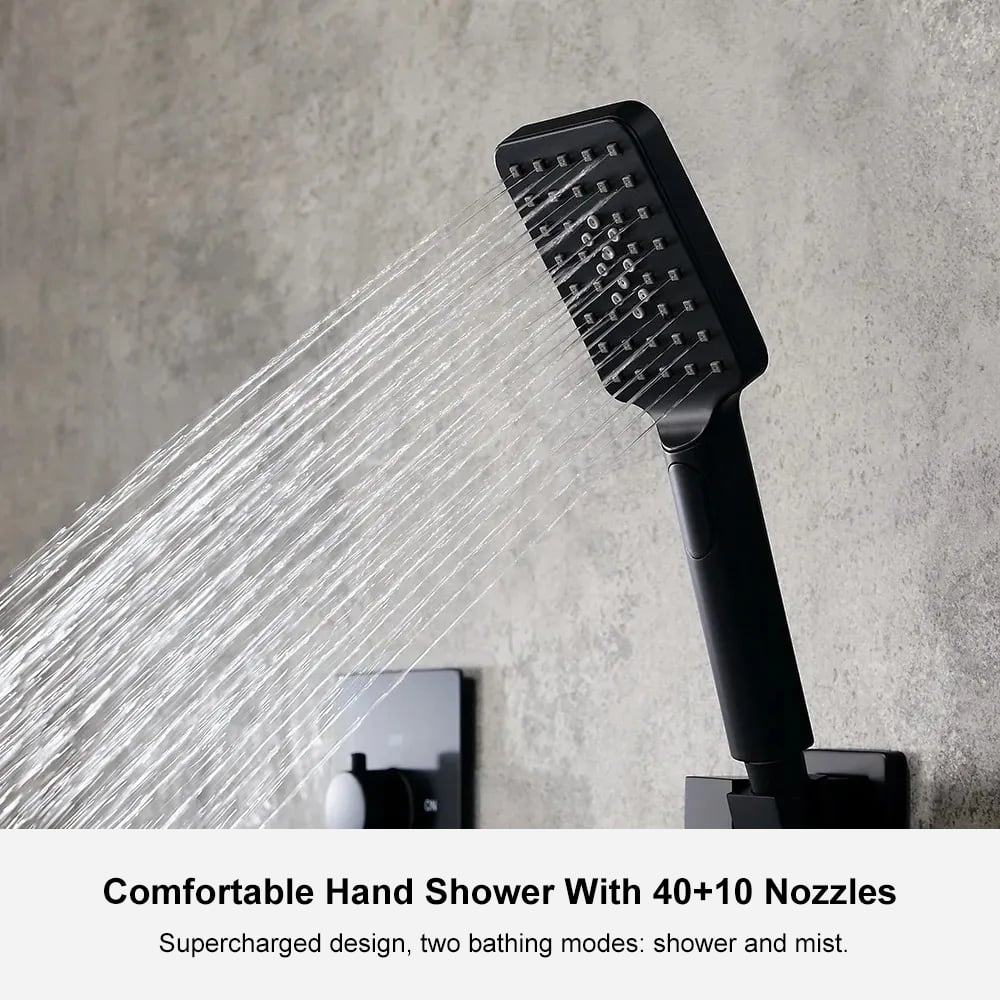 Wall Mounted Waterfall Rain Shower System with 3 Body Sprays in Matte Black Solid Brass