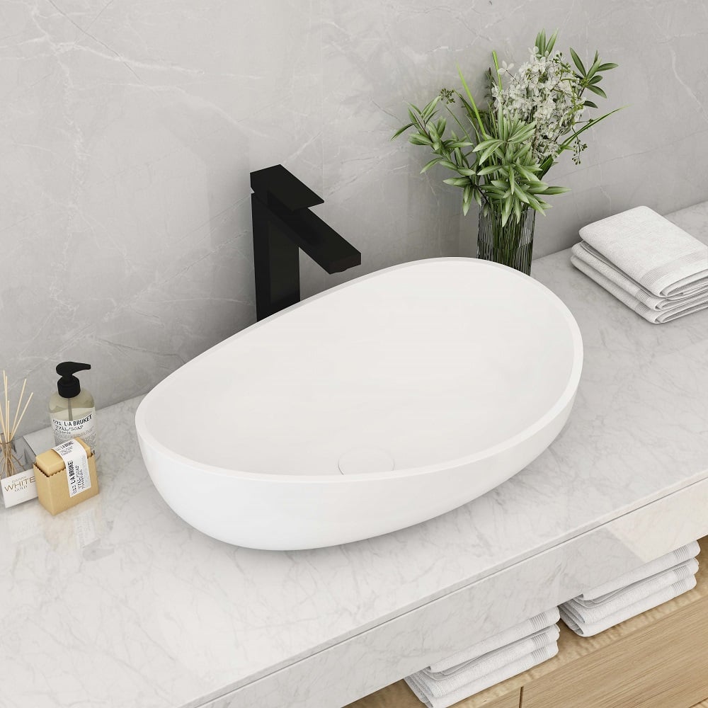 Bathroom Stone Resin Oval Vessel Sink Modern Art Sink Glossy White with Pop Up Drain