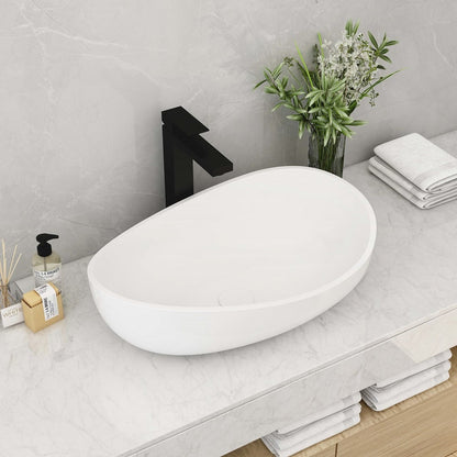 Bathroom Stone Resin Oval Vessel Sink Modern Art Sink Glossy White with Pop Up Drain