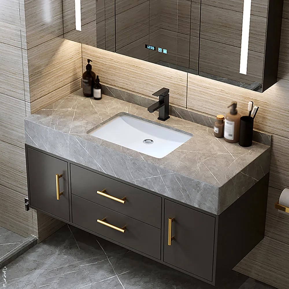 Modern 39" Black Floating Single Bathroom Vanity with Sintered Stone Top and Sink