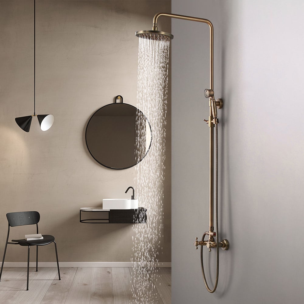 Classic Exposed Antique Brass Two Handle Round Rainshower Shower Fixture Solid Brass