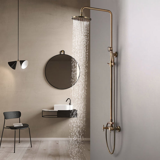 Classic Exposed Antique Brass Two Handle Round Rainshower Shower Fixture Solid Brass