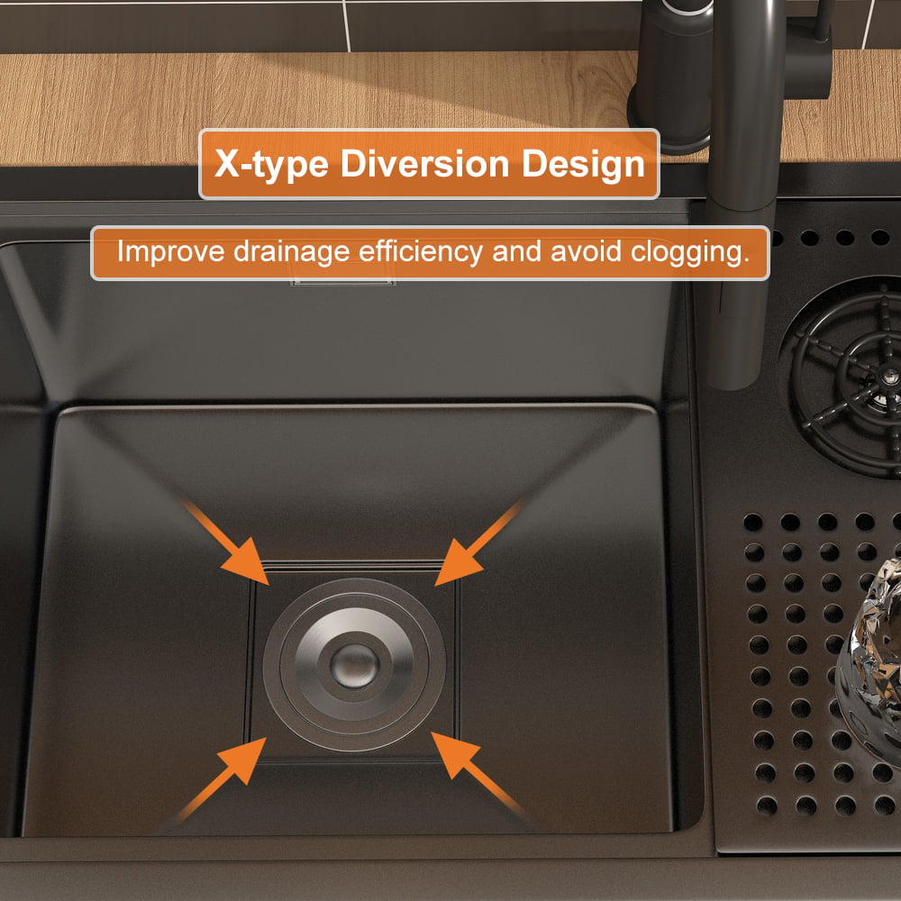 Drop-in Kitchen Sink With High-pressure Cup Rinser Glass Washer Stainless Steel in Black