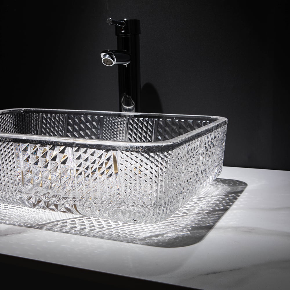 Modern Glass Rectangle Transparent Bathroom Vessel Sink Clear Wash Sink with Drain
