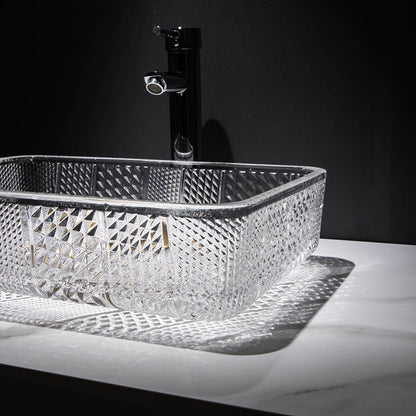 Modern Glass Rectangle Transparent Bathroom Vessel Sink Clear Wash Sink with Drain