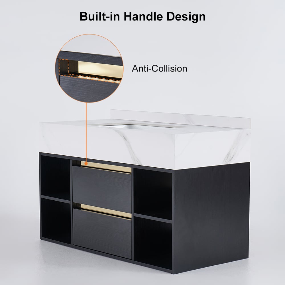 Modern 39.4" Floating Single Bathroom Vanity with Sink in Black, Sintered Stone Top