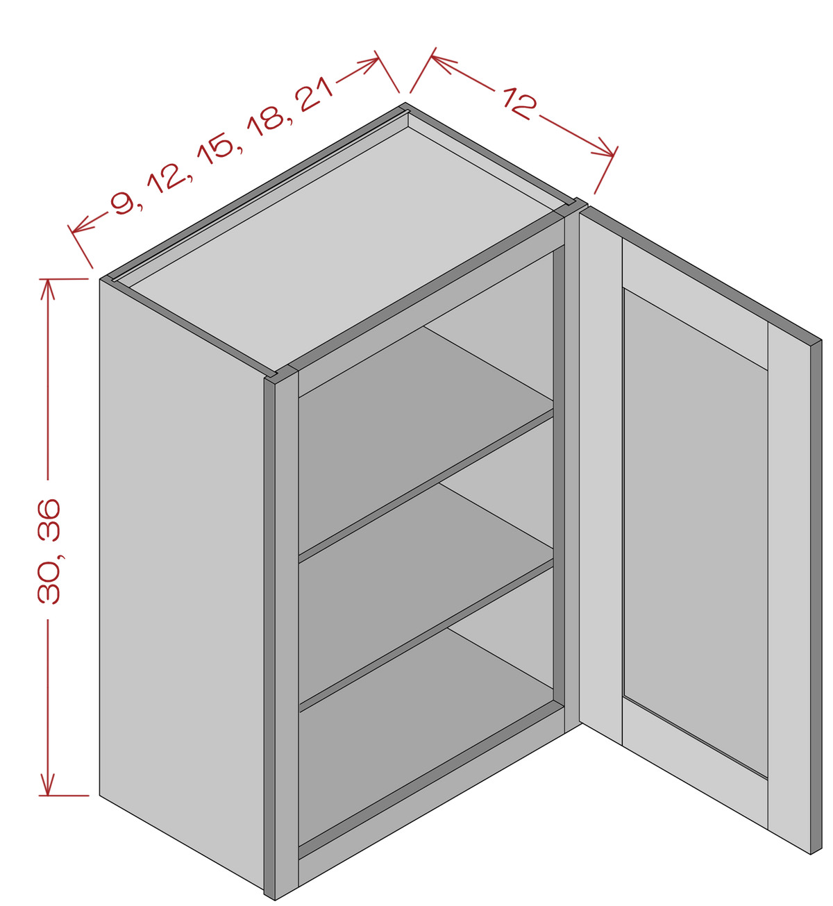 30" High Single Door Wall Cabinets - Shaker White