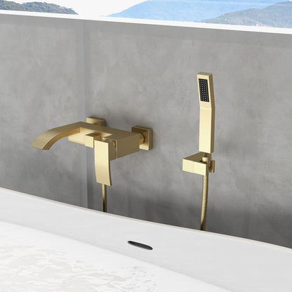 Ridge Wall-Mount Waterfall Bathtub Faucet Tub Filler with Hand Shower in Brushed Gold