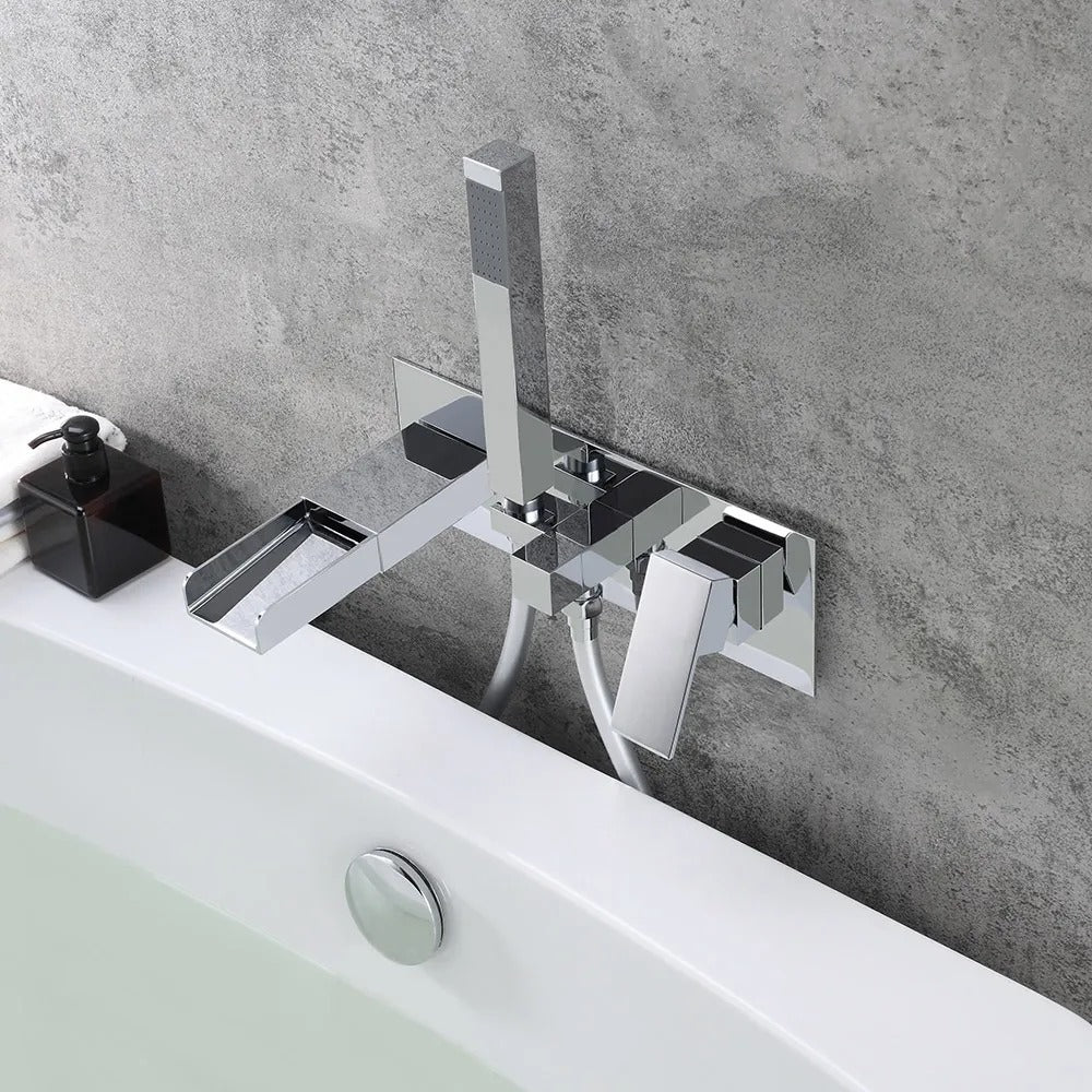 Mill Modern Waterfall Wall-Mount Tub Filler Faucet & Handshower Chrome Solid Brass