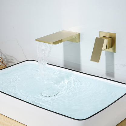 Waterfall Wall Mounted Brushed Gold Bathroom Sink Faucet Single Handle