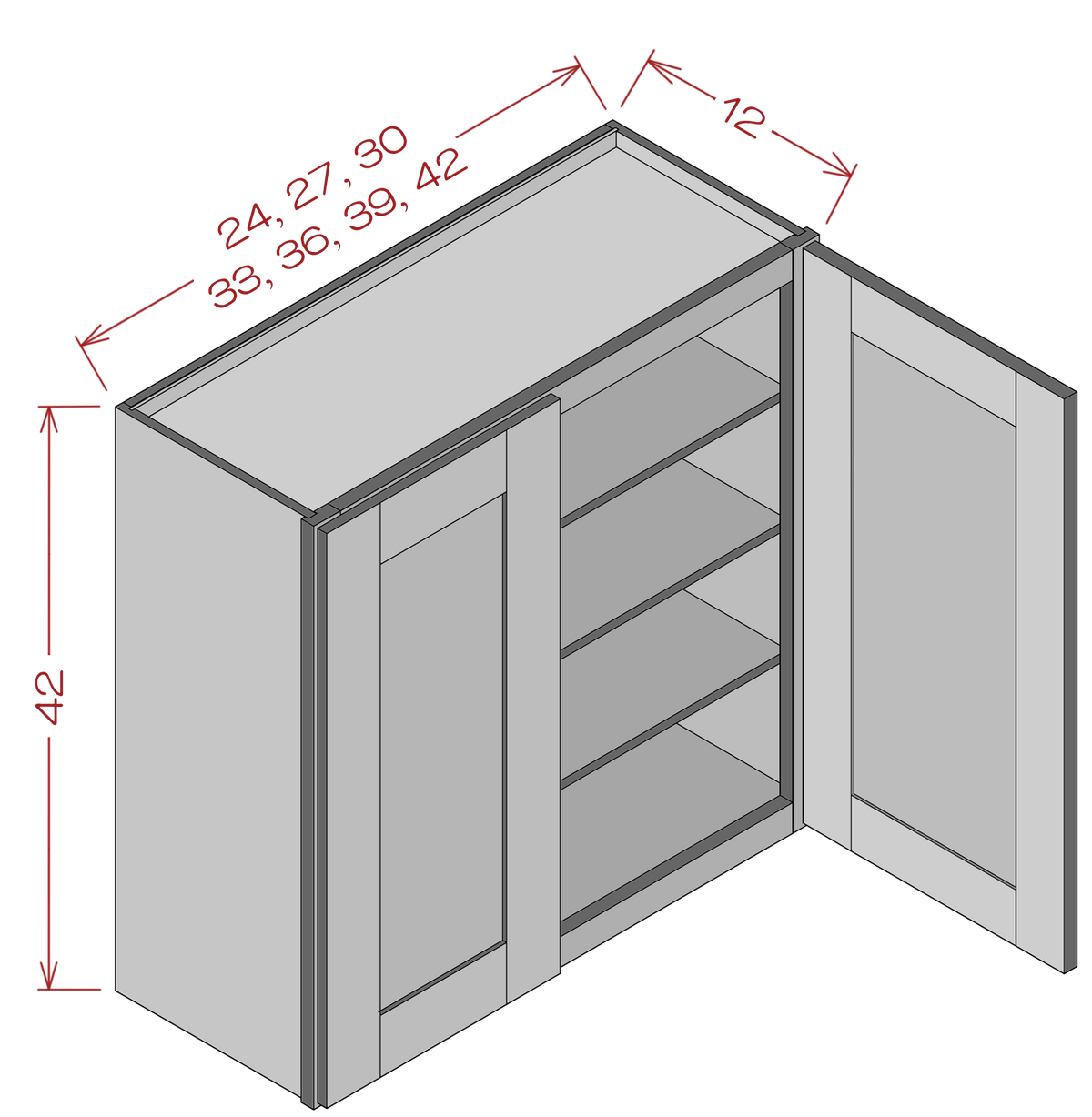 42" High Double Door Wall Cabinets - Shaker White