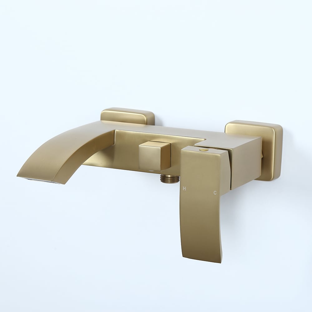Ridge Wall-Mount Waterfall Bathtub Faucet Tub Filler with Hand Shower in Brushed Gold