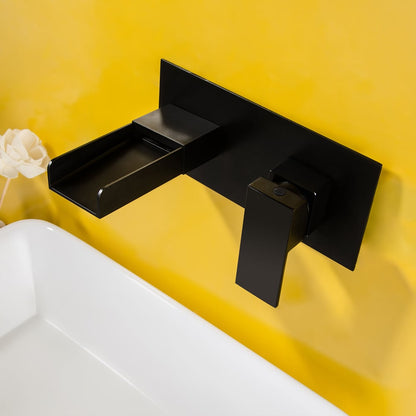 Mero Contemporary Waterfall Wall Mount Single Handle Bathroom Sink Faucet in Matte Black Solid Brass