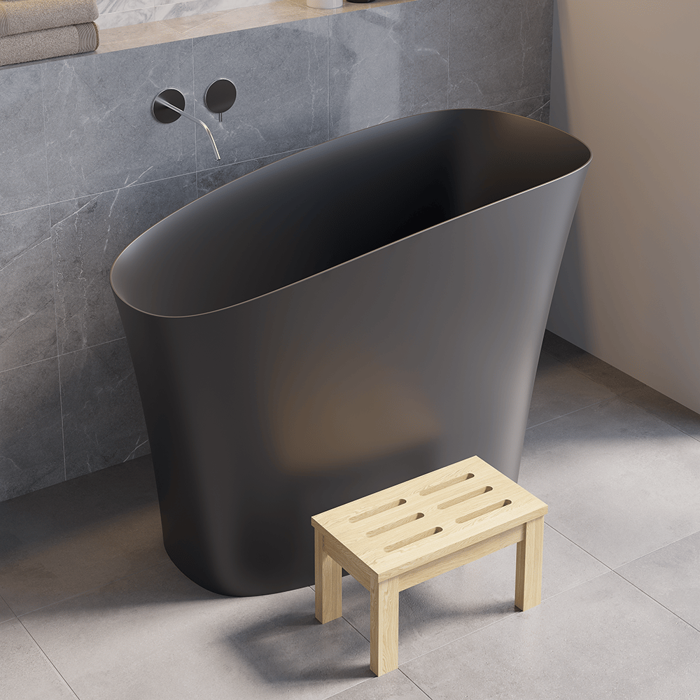 47" Japanese Modern Irregular Freestanding Stone Resin Soaking Bathtub Black