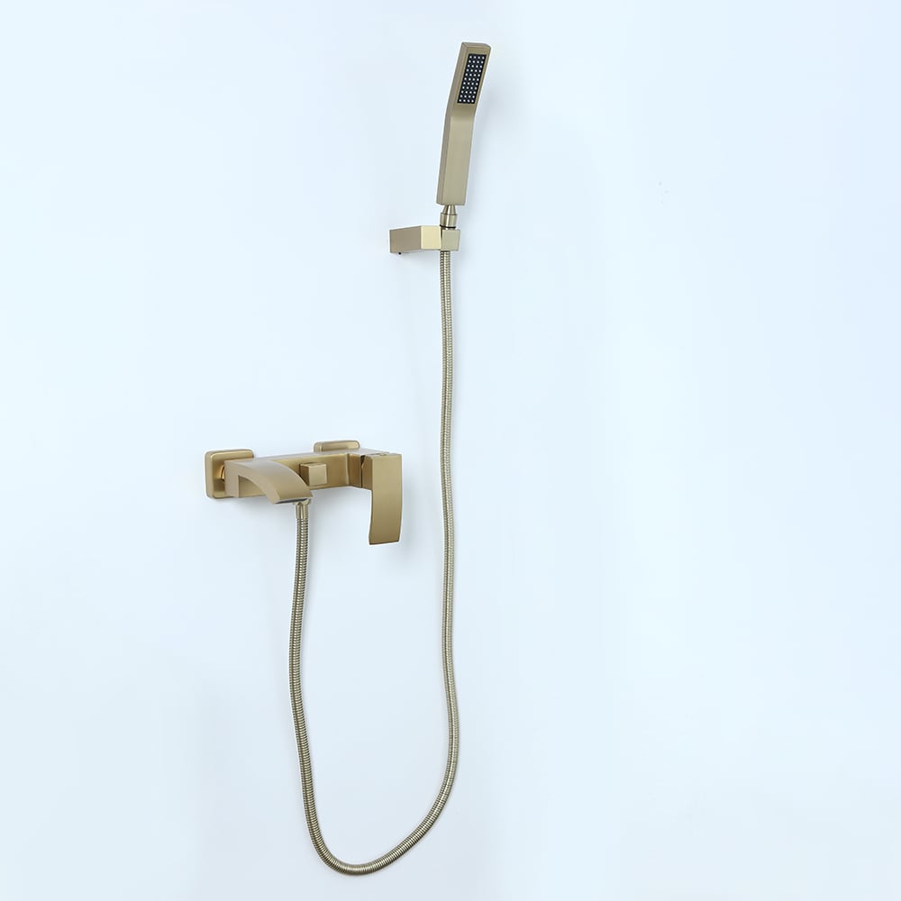 Ridge Wall-Mount Waterfall Bathtub Faucet Tub Filler with Hand Shower in Brushed Gold