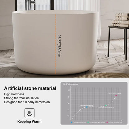 41" Japanese Modern Round  Freestanding Stone Soaking Bathtub White