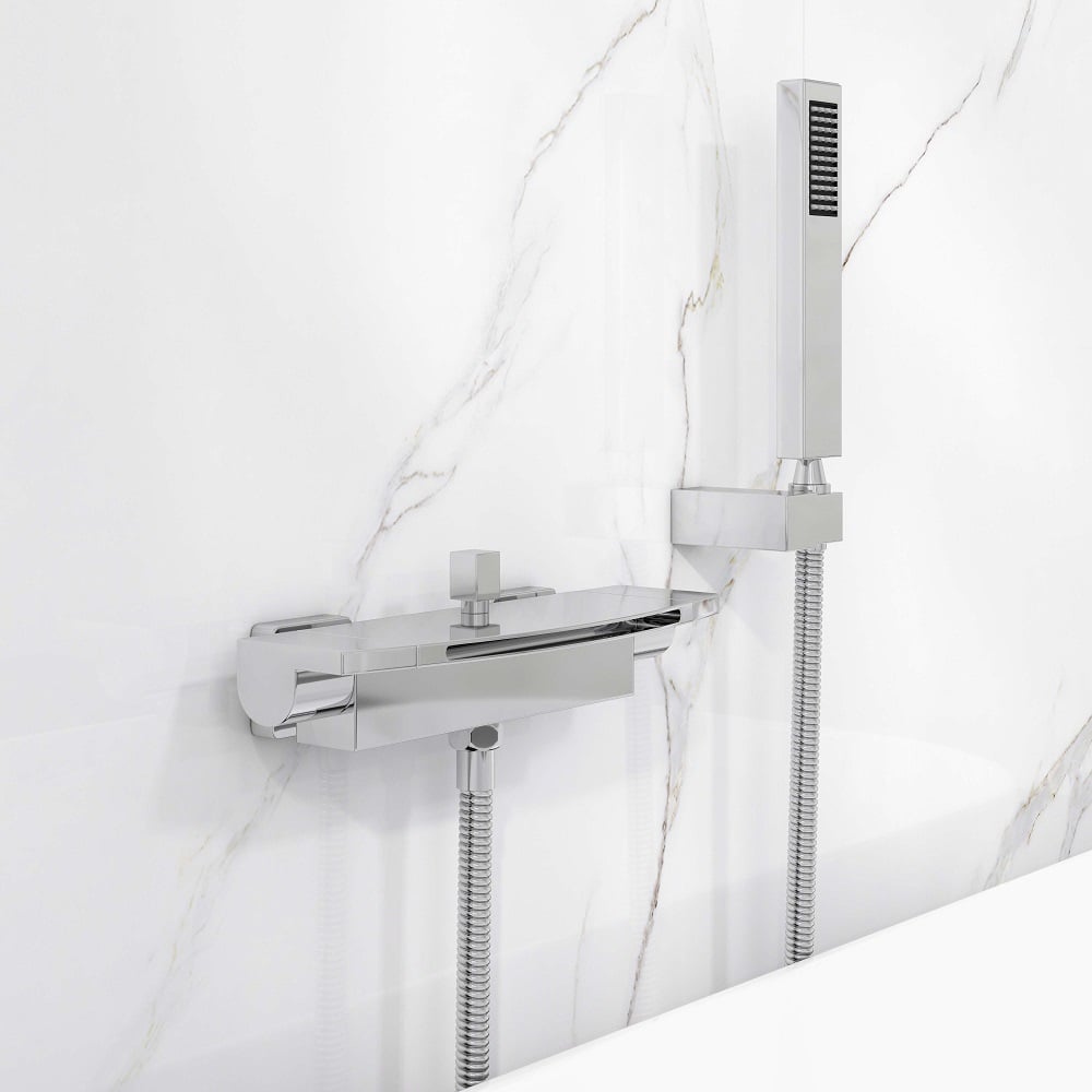 Contemporary Wall Mount Waterfall 2-Handle Chrome Bathtub Filler Faucet with Hand Shower
