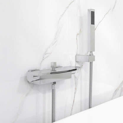 Contemporary Wall Mount Waterfall 2-Handle Chrome Bathtub Filler Faucet with Hand Shower