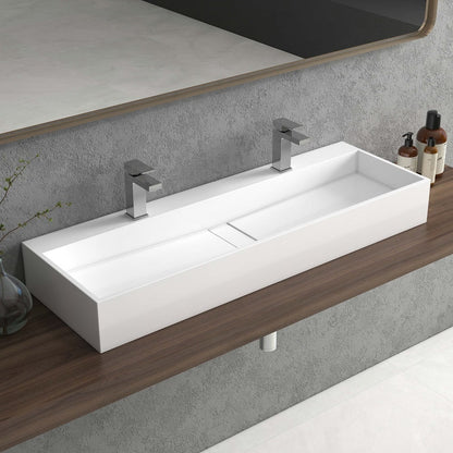 47 Inch Wall-Mount Double Sink Stone Resin Glossy White Floating Trough Bathroom Sink