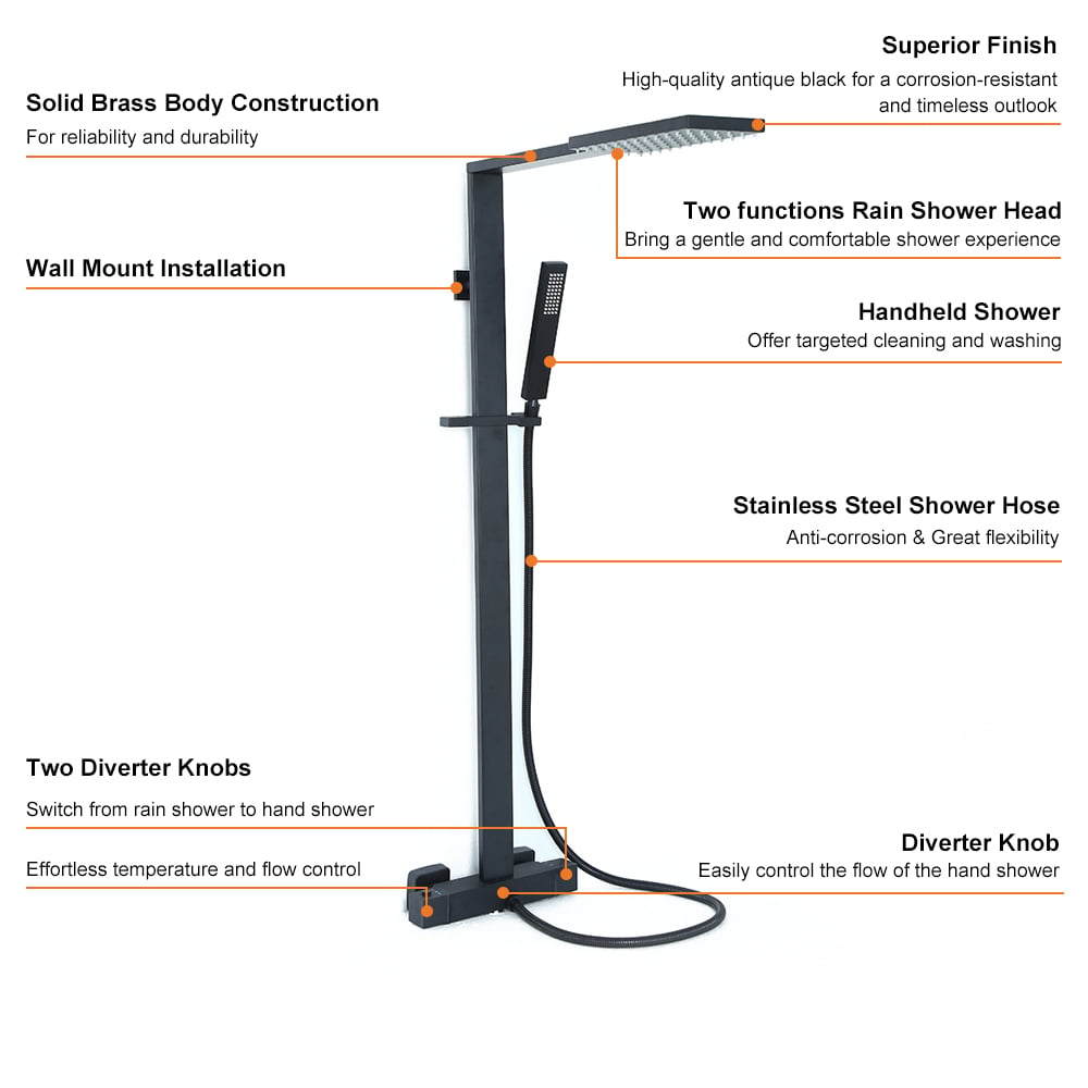 Exposed Thermostatic Shower Fixture with Rain Shower Head and Hand Shower Matte Black
