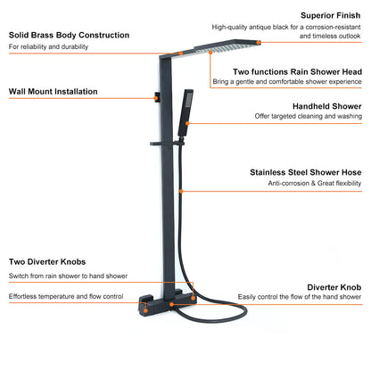Exposed Thermostatic Shower Fixture with Rain Shower Head and Hand Shower Matte Black