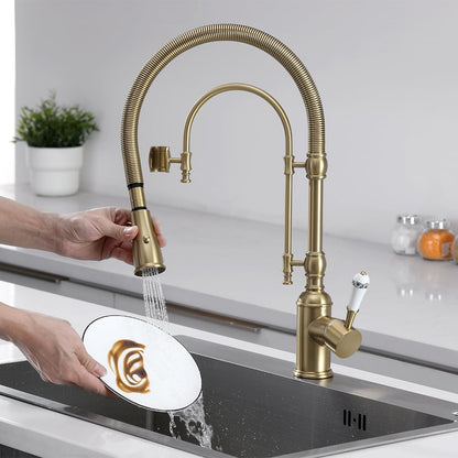 Brushed Gold High Arc Dual-Mode Pull-Down Kitchen Faucet Solid Brass Porcelain Handle