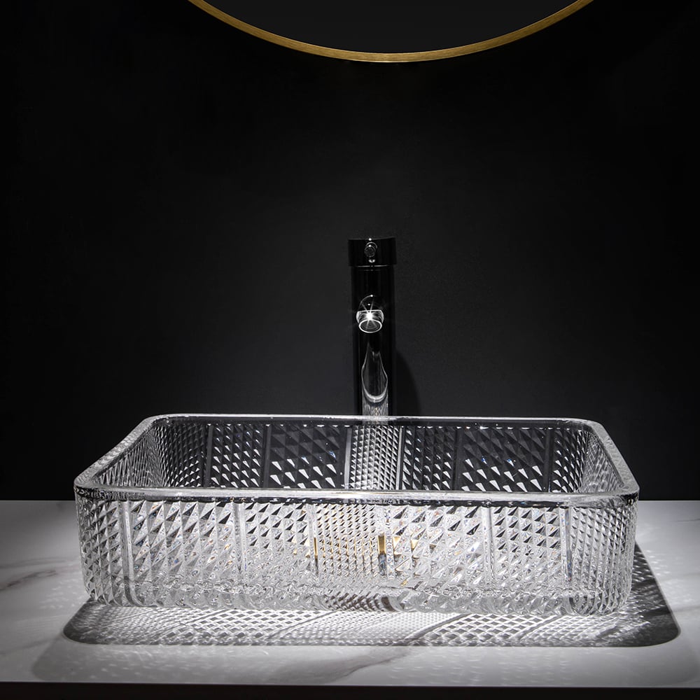 Modern Glass Rectangle Transparent Bathroom Vessel Sink Clear Wash Sink with Drain