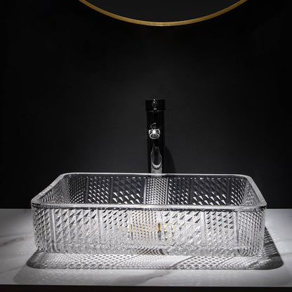 Modern Glass Rectangle Transparent Bathroom Vessel Sink Clear Wash Sink with Drain