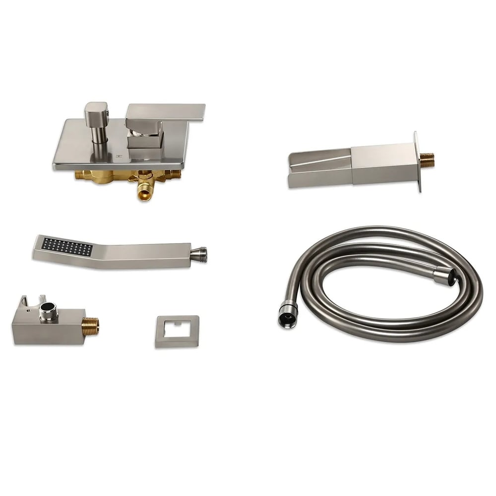 Modern Waterfall Wall-Mount Solid Brass Bathtub Faucet & Handshower in Brushed Nickel
