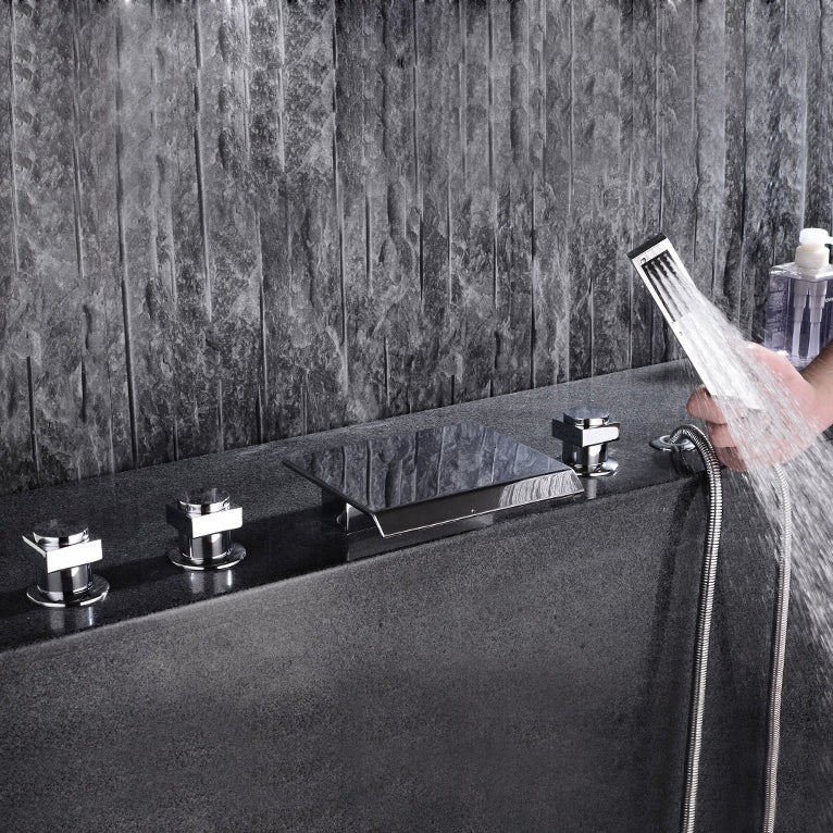 Moda Contemporary Waterfall Deck-Mount Roman Tub Faucet with Handshower in Chrome