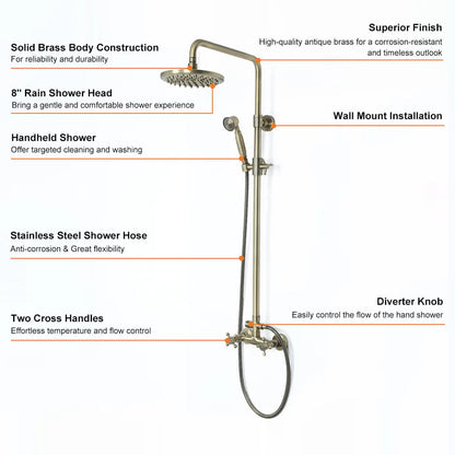 Classic Exposed Antique Brass Two Handle Round Rainshower Shower Fixture Solid Brass