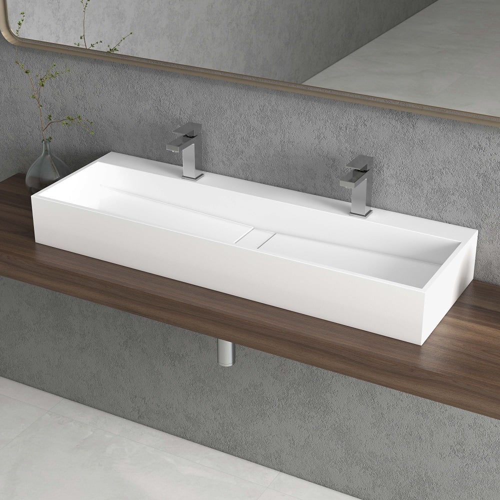 47 Inch Wall-Mount Double Sink Stone Resin Glossy White Floating Trough Bathroom Sink