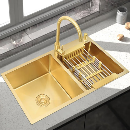 32" Gold Stainless Steel Kitchen Sink Double Bowls Drop-In Sink with Drain and Overflow