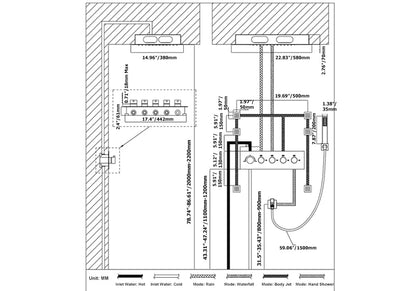 Wall-Mounted Shower System in Gold Thermostatic 4 Functions 23"