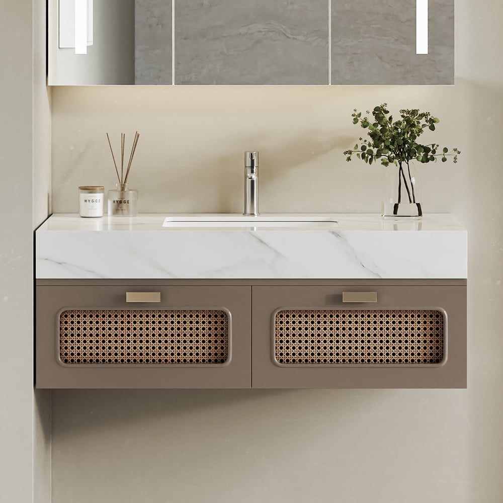 35" Floating Single Bathroom Vanity with Faux Marble Top Rattan Door