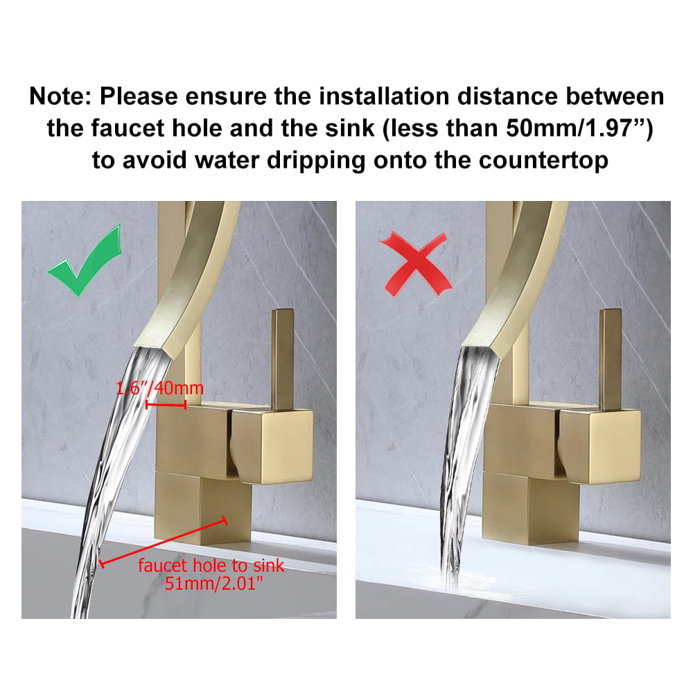 Brushed Gold Waterfall Bathroom Sink Faucet Single Hole Single Handle Brass Modern Style