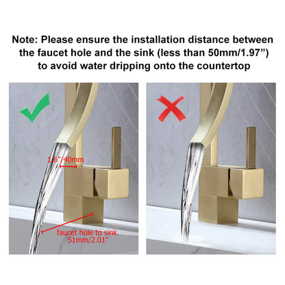Brushed Gold Waterfall Bathroom Sink Faucet Single Hole Single Handle Brass Modern Style