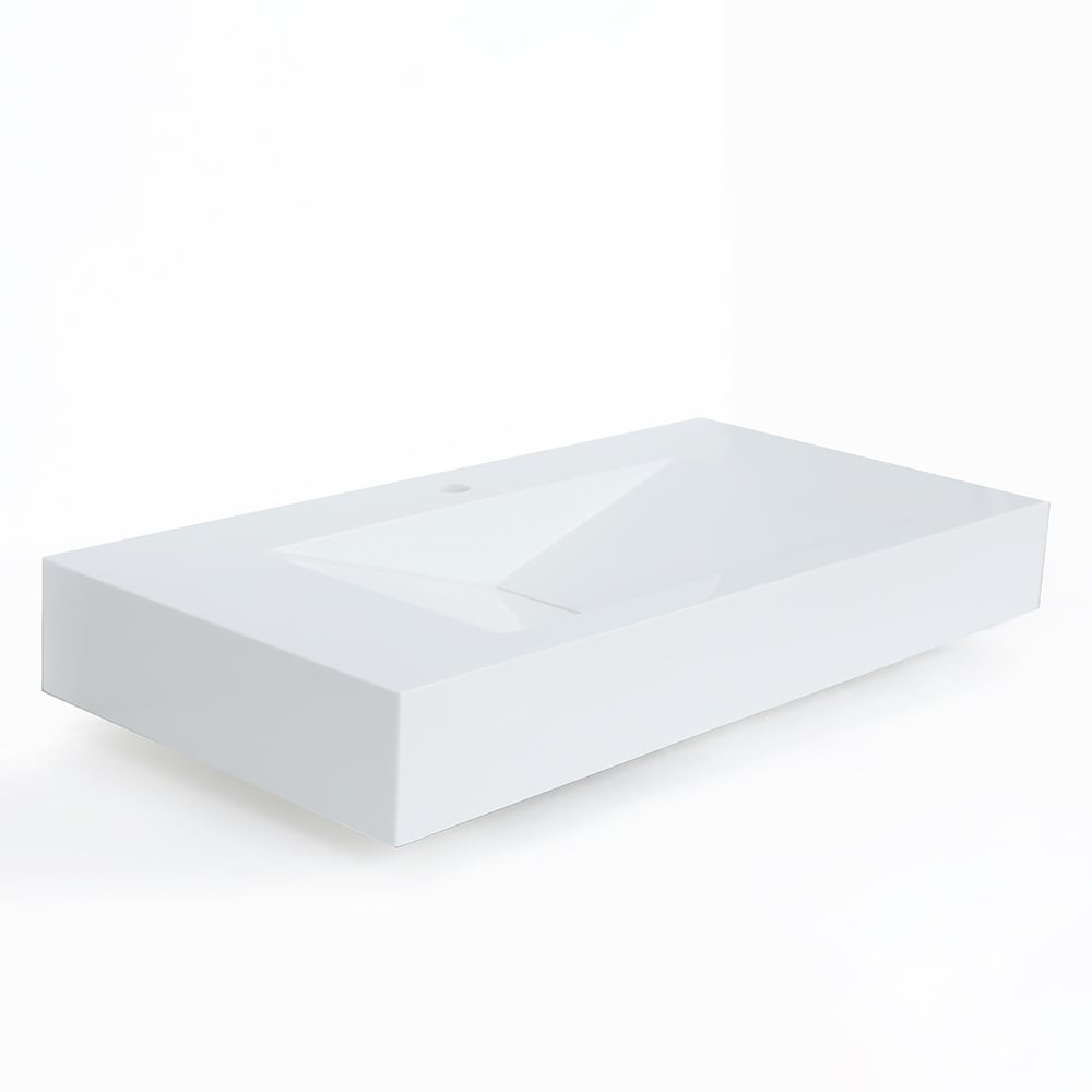 Glossy White Wall-Mount Floating Sink Solid Surface Stone Resin Bathroom V-Shaped Sink