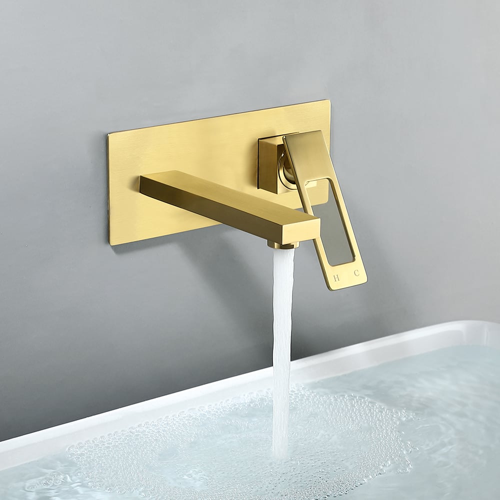 Modern Brushed Gold Wall Mount Bathroom Sink Faucet Solid Brass