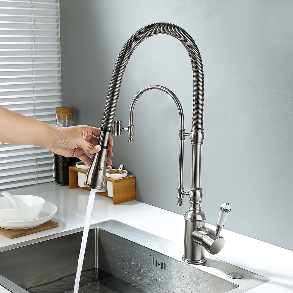 High Arc Dual-Mode Pull-Down Kitchen Faucet Solid Brass with Porcelain Handle