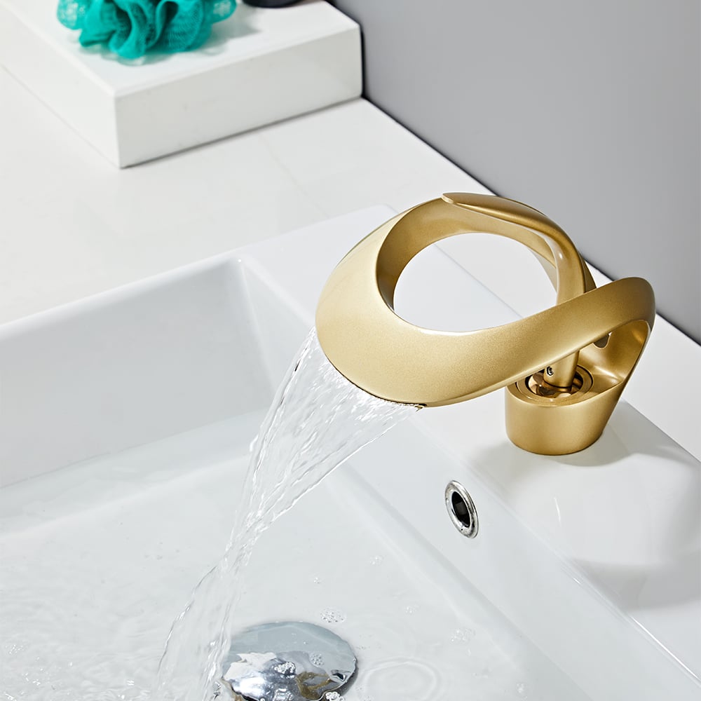 Waterfall Bathroom Sink Faucet in Gold Single Handle Solid Brass