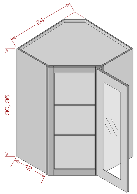 Glass Door Diagonal Corner Wall Cabinets - Shaker Gray